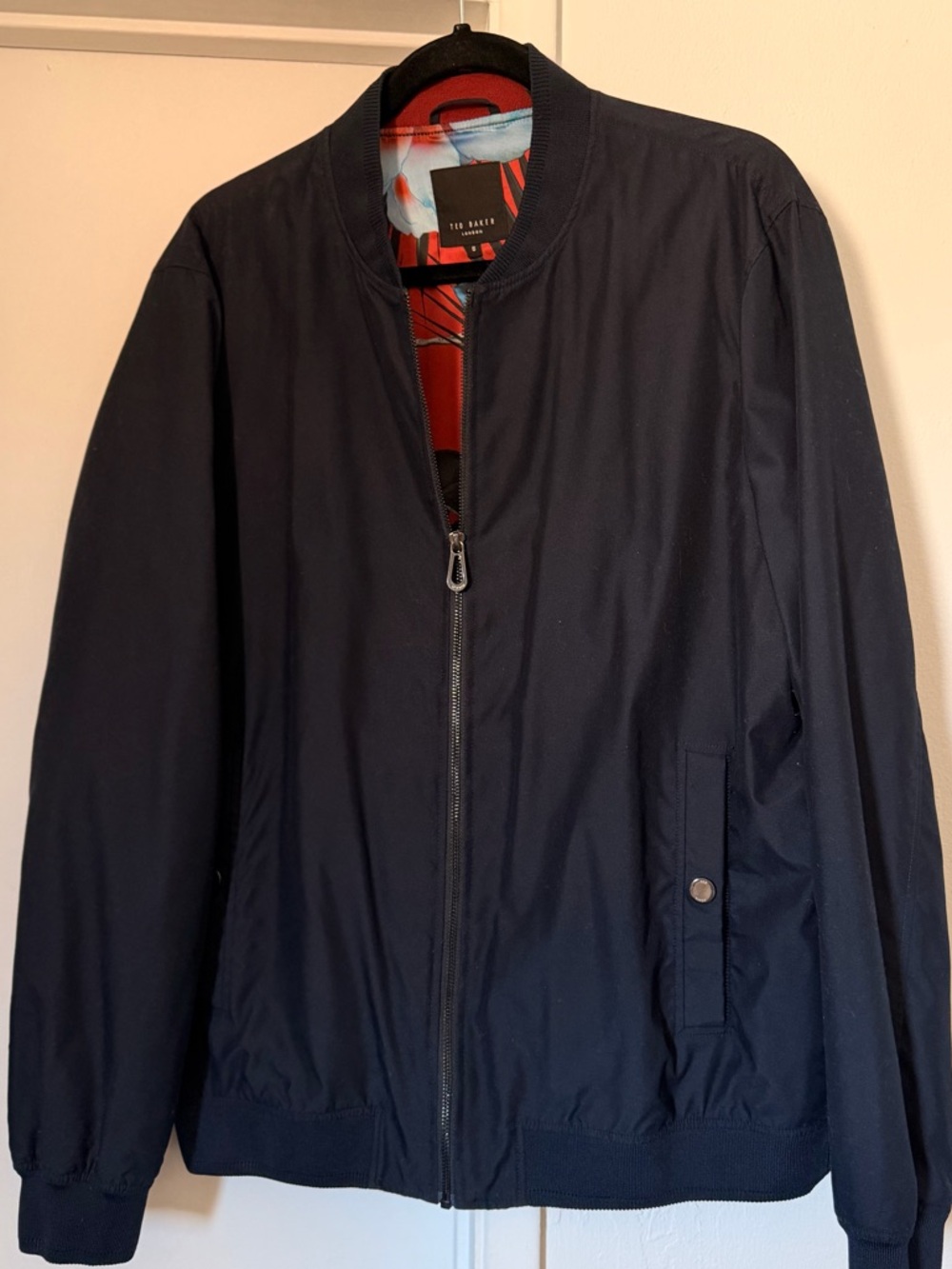 Ted Baker Men’s Navy Bomber Jacket with Red Floral Lining and Blue Accents